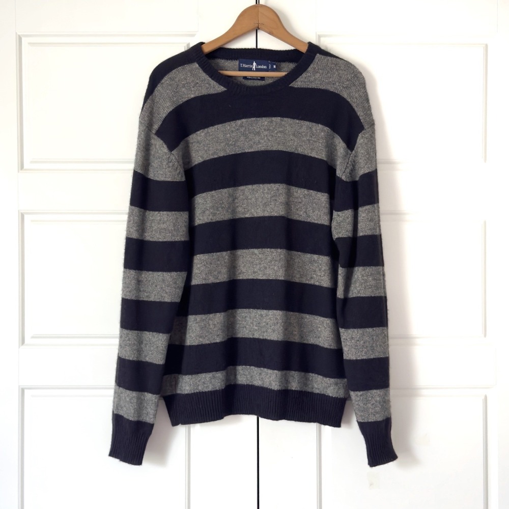 T Harris London Himalayan Yak Wool Sweater Mens M Blue Gray Striped Academia